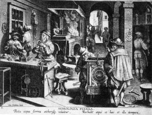 Clockmakers shop in the 16th Century From an engraving from Johannes Stradanus